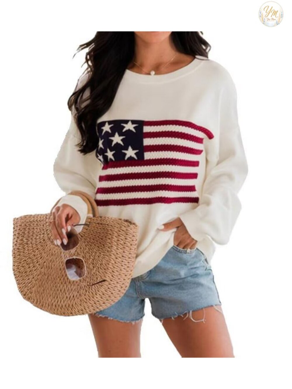 Womens American Flag Knit Sweater Crew Neck Long Sleeve Pullover